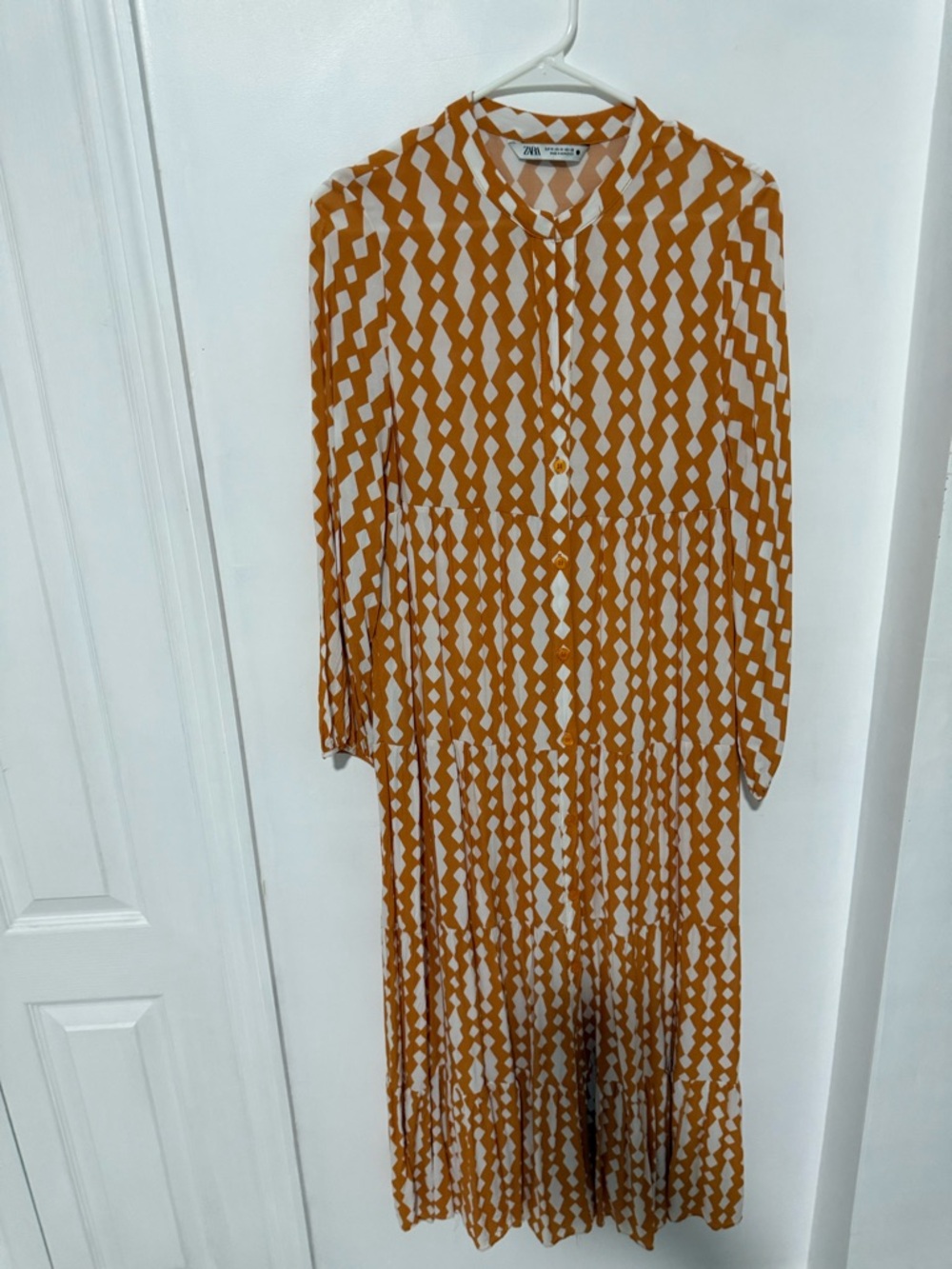 Zara Orange and White Geometric Long-Sleeve Midi Dress